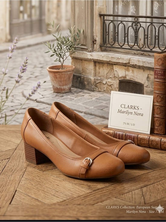 Clarks Shoes - Clarks Marilyn Nora Tan Leather Block Heel Pumps Size 7.5 M